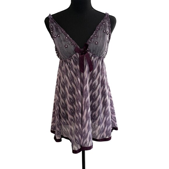Womens Purple Ribon Trim Sequin Lace Slip L Fairy Babydoll Y2K - Picture 1 of 5